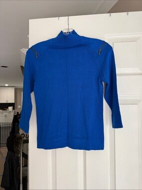 Cache Royal Blue Ribbed Mock Neck Sweater with Shoulder Detail